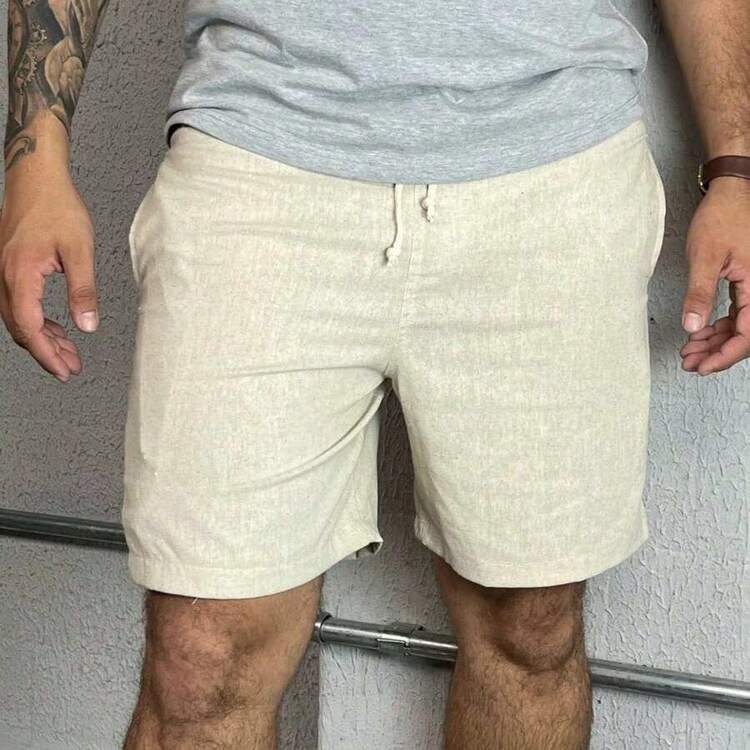 Set Of 3 Men's Linen Shorts, Casual Summer Style, Lightweight, Comfortable, Elastic Waistband With Drawstring - Azul Marino - Añade 3