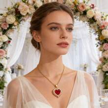 一件式，18K镀金，优雅红色心形吊坠项链，配金色铜链，女士适用。非常适合情人节、母亲节和生日等场合。 - 紅色 - 查看 2