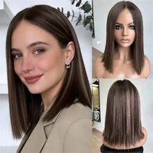 高品质 13x4 渐变棕色和金色合成丝刘海假发，短直发，无缝婴儿发，预剪裁款式 - 彩色 - 查看 1