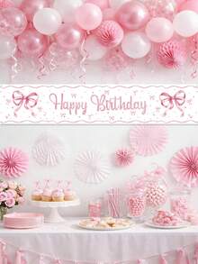 1pc Pink Bow Birthday Banner, Happy Birthday Hanging Banner, 200*40cm Polyester Background Banner, 1st Birthday Party Decoration, Baby Girl Party Supplies, Gender Reveal Party Decor, Pink Bow Background Cloth, Pink Birthday Decoration, Infant Party Supplies, Pink Bow Theme Birthday Party Decoration, Garden Yard Decor, Baby Shower Props, Pink Bow Decor, Nursery Decoration - Pink Bow - View 4