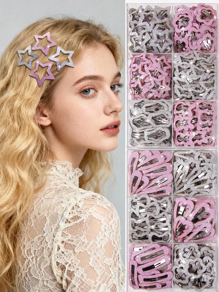 20pcs/Set Girls Pink & Silver Glitter Star, Heart, Meteor, Water Drop, Cloud, Bow, Bear Random Style Cute Princess BB Hair Clips, Bangs Hairpins, Everyday Use, Claw Clips, Snap Clip , Hair Barrettes, Hair Accessories For Women, Head Accessories - Multicolor - View 1