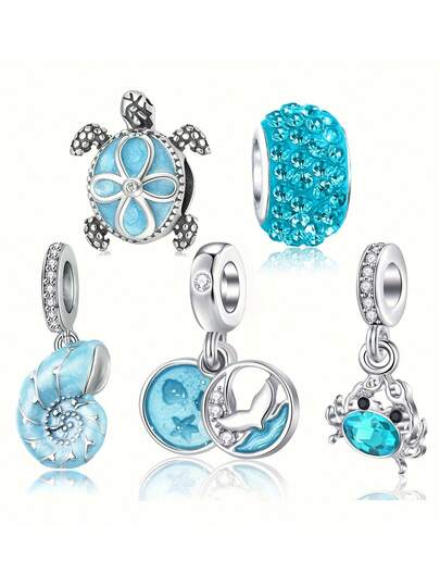 5 món trang sức bạc hình sinh vật biển, bao gồm mặt dây chuyền hình rùa xanh, cua, vỏ sò, đuôi cá, thích hợp để làm vòng cổ và vòng tay.