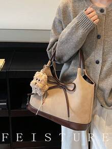 1pc Fashion Color Block PU Leather Handbag, Stylish Shoulder Tote Bag, Suitable For Daily Outing, Dating, Commuting, Comes With Pendant - Khaki - View 5