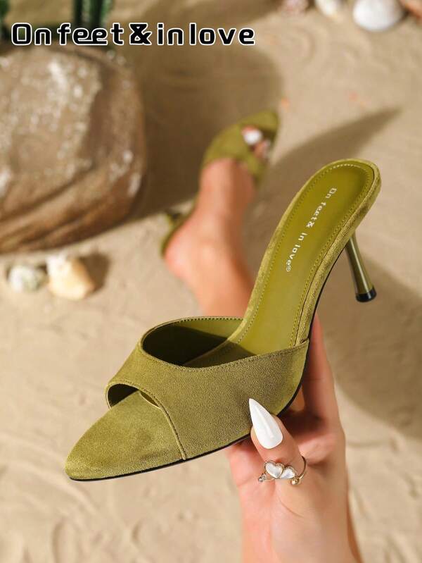 On feet& in love Women's Fashionable & Elegant Velvet Strap Open Toe Slip-On Sandals, Slim High Heels, Suitable For Dresses In Summer