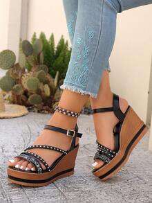 Women's Fashion Wedge Heel High Heel Platform Sandals, Casual Beach Wear - Black - View 3