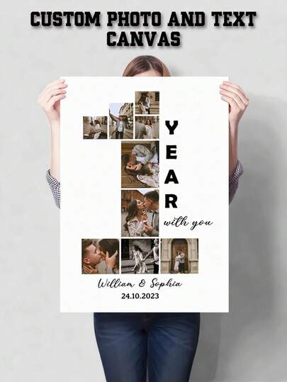 Custom Photo Collage, Personalized Photo Canvas Art Wall Decor For One Year, Wooden Frame Suitable For Valentine's Day, Anniversaries, Birthdays, Etc., A Perfect Gift For Friends, Best Friends, Boyfriends, And Girlfriends, And A Must-Have For Everyday Office Use.