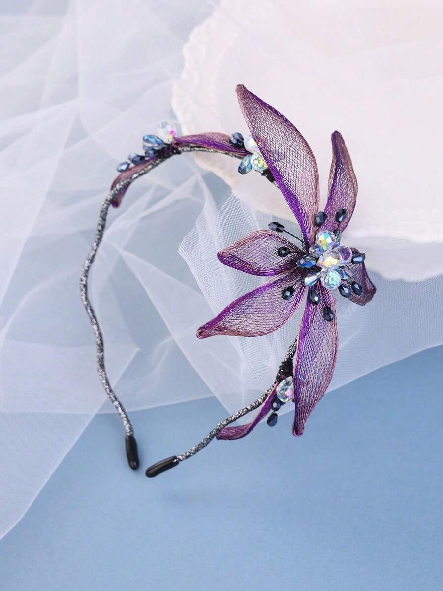 1pc Women's Handmade Blue Flower Crystal Headband, Ombre Color, Everyday & Formal Dress Accessory,Wedding Hair Accessories - 紫色 - 查看 1