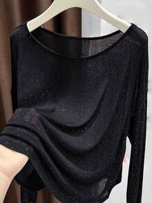 闪亮透明长袖T恤，女士轻薄宽松防晒罩衫，适合春夏休闲穿着 - 黑色 - 查看 8