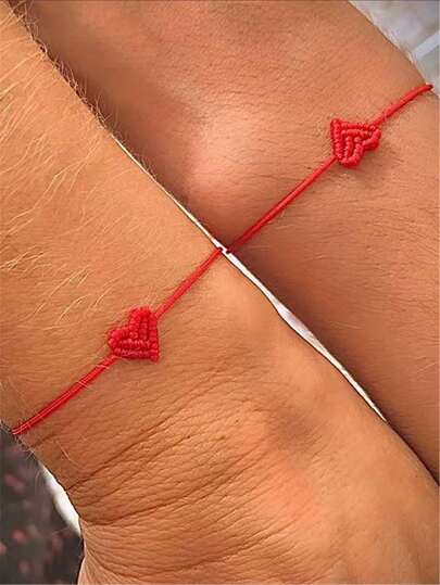 2pcs Women's Fashion Bracelet, Handmade Bohemian Red Heart Woven Bracelet, Couples/Best Friends Bracelet, Minimalist Adjustable Accessory, Suitable For Daily Wear, Birthday Gift