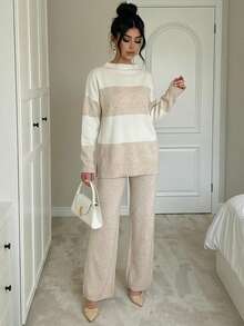 Women's Non-Stretch Rib-Knit High Neck Sweater And Pants Co-Ord With Drop Shoulder Sleeves - Champagne - View 1