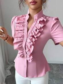 女士常规袖荷叶边下摆V领休闲商务衬衫 - 粉色 - 查看 1