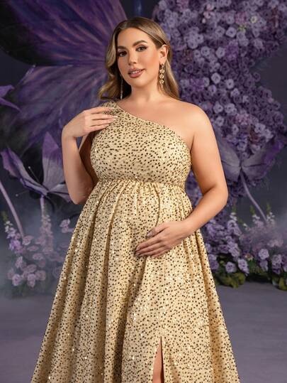 Faeriesty Elegant Maternity Plus Size Sleeveless One Shoulder Maxi Party Gown For Women | Shimmering Sequin Fabric With High-Density Glitter, Perfect For Spring Weddings, Mother's Day Celebrations, Baby Shower Events, Garden Parties, Formal Galas