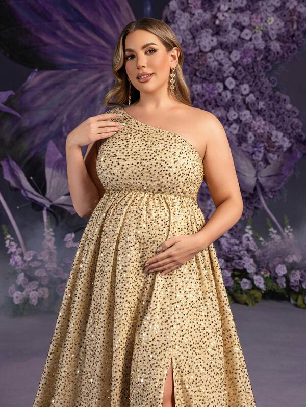 Faeriesty Elegant Maternity Plus Size Sleeveless One Shoulder Maxi Party Gown For Women | Shimmering Sequin Fabric With High-Density Glitter, Perfect For Spring Weddings, Mother's Day Celebrations, Baby Shower Events, Garden Parties, Formal Galas