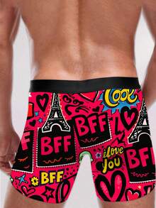 男士平角内裤 1 件装 - “BFF”涂鸦印花内裤，饰有巴黎埃菲尔铁塔和爱心图案，俏皮时尚，日常穿着亦可作为送给好朋友的礼物 - 黑色 - 查看 2