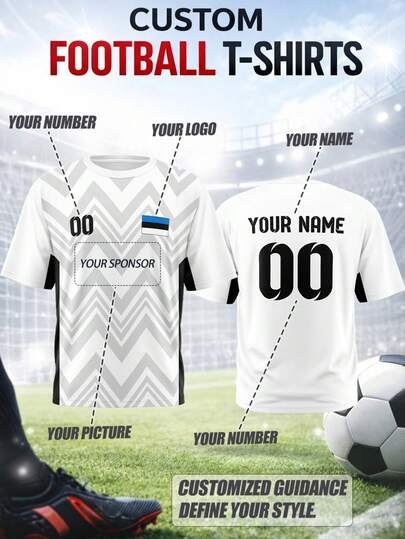 Camiseta de fútbol personalizable para hombres de talla grande, incluye nombre, número, logotipo, equipo o patrocinador, cuello redondo, tela transpirable de secado rápido, adecuada para partidos de equipo, entrenamiento, deportes, uso casual, animación, regalos, de moda para la temporada deportiva de primavera/verano