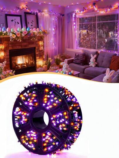 393-Inch LED Holiday Party String Lights, Outdoor Waterproof Light Strip, Black Cord, Easter Decorative String Lights, Orange & Purple Dual Colors, Battery-Powered With Timer & Waterproof Function, Suitable For Indoor/Outdoor Use, Easter Birthday Wedding Ceremony Decorations, Ideal For Parties, Patios, Gardens, And Courtyards, Gift-Fillable Glow Products.