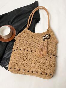 Women's Simple And Versatile, High-Quality, Large-Capacity Woven Tote Bag With Charm Embellishment, Perfect For Everyday Use And Vacations. - Khaki - View 9