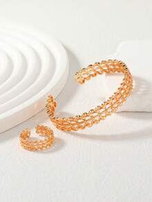 两件套玫瑰金镀层镂空编织手链戒指首饰套装，可调节开口设计，日常叠戴，理想的斋月礼物 - 金黃色 - 查看 2