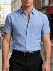 Men's Short Sleeve Casual Shirt In Solid Color Oxford Spun, Suitable For Summer,Wrinkle Resistant Office Work Shirt For Men - Baby Blue - View 2