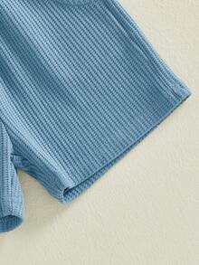 Aunties Little Dude Baby Clothes Toddler Boy 2 Piece Summer Outfit Embroidery Letter Short Sleeve T Shirts And Waffle Shorts Set - Blue - View 8