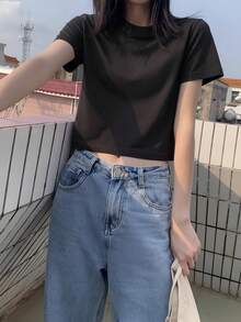 Short Sleeve T-Shirt, Solid Color, New Summer Style, Slim Fit, Versatile, Round Neck Top Casual Black - Black - View 3