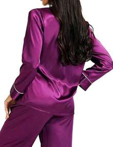 Valentine's Day Limited High-End Fashion Satin Silk Women's Pajama Set Long Sleeve Button-Down Sleepwear XS-3XL Comfortable Warm Loungewear - 紫色 - 查看 2