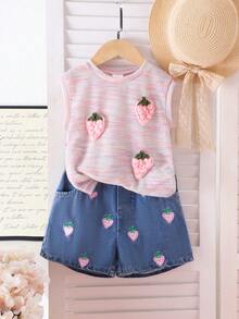2pcs/Set Young Girls' Vacation Casual 3D Strawberry Embroidery Round Neck Top And Denim Shorts Set, Lightweight Summer - Watermelon Pink - View 1