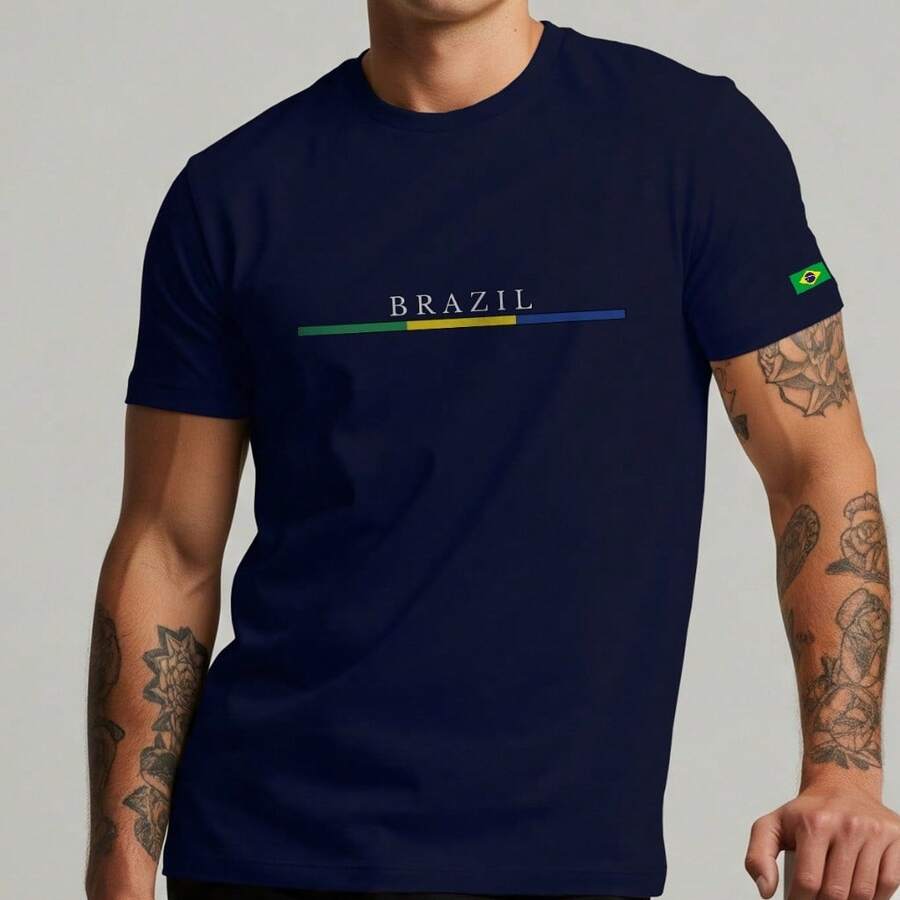 Premium Streetwear Printed Cotton T-Shirt, Casual, Comfortable, Brazil, Three Colors - Casual Fashion, New Release 2025 - 藏蓝色 - 查看 1