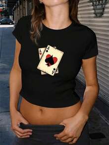 Ace Of Spades And Hearts Fashionable Women's Short Sleeve T-Shirts - Black - View 6