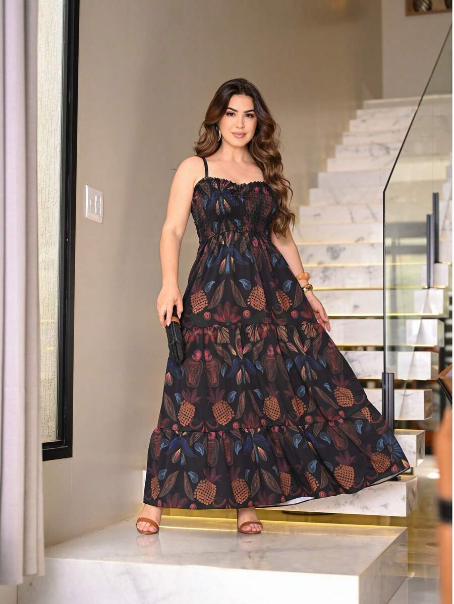 Women's Long Beach Dress With Tie Straps, Summer Casual Style, Floral And Coconut Tree Print, Bohemian Tropical Style, Thin Straps And Drawstring. - 黑金色 - 查看 1