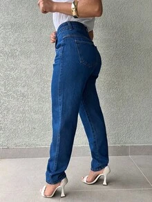 Saina Office 8207 Women's Straight Mom Jeans Without Rips 8207 - Dark Wash - View 3