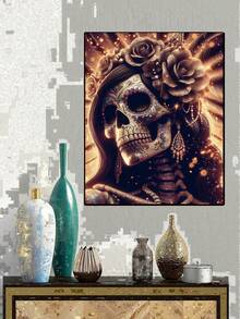 骷髅女人钻石画套装，成人款，全钻钻石点画，适合初学者，圆形5D钻石画，宝石艺术绘画套装，DIY工艺品 - 彩色 - 查看 4