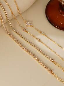 4pcs Cubic Zirconia Four-Leaf Clover Decor Bracelet Set, Stackable Crystal Chain Bracelet Suitable For Women Daily, Party, Banquet Wear, Holiday Gift - Yellow Gold - View 5