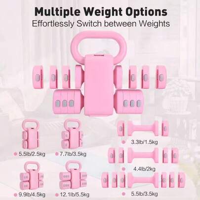 4-In-1 Adjustable Kettlebell Set, Adjustable Free Weights Dumbbell Set Of 2,Each 2.2 3.3 4.4 5.5lb Quick Change ,For Women Fitness Kit At Home Gym ,Small Spaces(Pink)