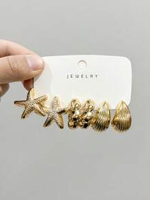 6-18pcs Women's Gold-Tone Fashion Earrings (Small Seashell, Starfish, C-Shaped), Suitable For Travel, Daily Wear, Dates - Gold - View 7