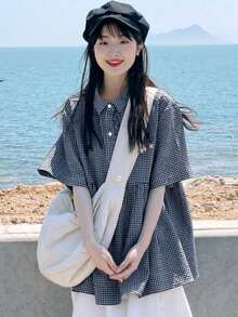 撞色格纹领荷叶边下摆休闲女式短袖衬衫，春夏款 - 藏蓝色 - 查看 4