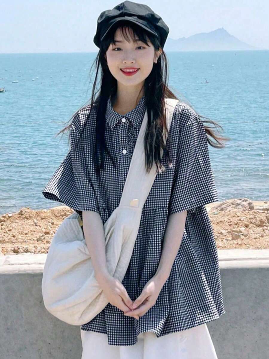 Camisa casual de mujer de manga corta con cuello a cuadros en contraste y dobladillo con volantes, primavera/verano - Azul Marino - Ver 1