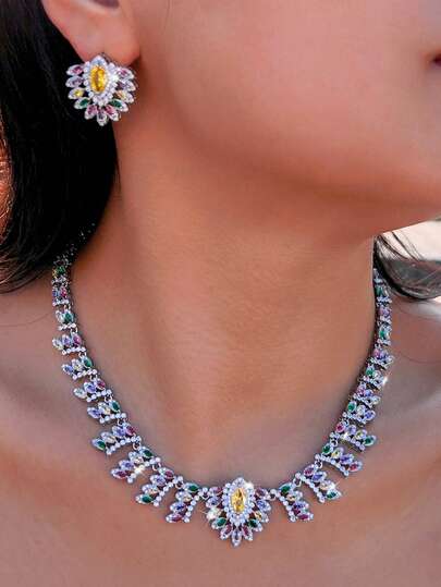 1 Set de Joyería Nupcial Plateada en Plata con Hojas de Circonita Cúbica Arcoíris, Collar y Aretes, Encantador Conjunto de Joyas para Mujeres para Fiesta, Boda, Compromiso, Discoteca y Baile, Adecuado para Novias y Damas de Honor