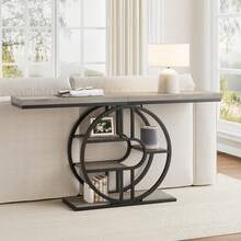 Mesa Consola Industrial de 55 Pulgadas - Mesa de Entrada de 4 Niveles con Base Redonda, Marco Metálico, Mesa para Detrás del Sofá, Ideal para Vestíbulo y Pasillo - Gris - Ver 8