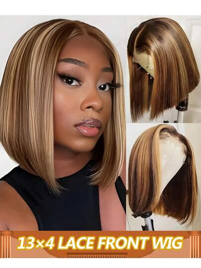 4/27 Highlight Bob Wigs Straight Lace Front Wig Human Hair Ombre Frontal Bob Wig Human Hair 13*4 Lace Front Wig Ombre Brown Wig 180% Density