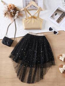 2pcs/Set Girls Summer Camisole Top And Star Mesh Skirt Set - Black - View 4