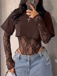 Women's Sexy Sheer Lace Short Sleeve Crop Top, Solid Color Lace Patchwork See-Through Sexy Bodysuit For Daily Wear, Dating, Single Party, Stage Performance, Spring/Summer Elegant - Chocolate Brown - View 4