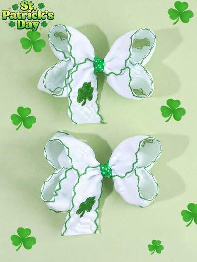 2PCS St. Patrick's Day Clover Hair Bows For Girls Green Lucky Clover Embroidery Hair Clips Alligator Clips Green Belt Polka Dot Hair Barrettes Minimalist Style Hairpins For Festivals And Casual Daily Wear Teens Hair Accerssories