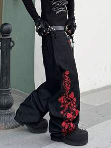 1 pieza Jeans de pierna ancha con bordado de estilo callejero de moda para hombres, suelto y cómodo, versátil para todas las estaciones (No se incluye cinturón ni accesorios) - Negro - Ver 3