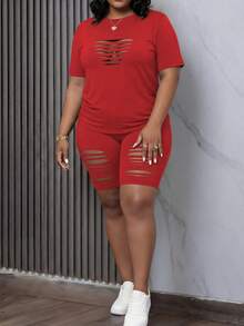 Damen Große Größen Sexy Ausschnitt T-Shirt und Shorts Set für einen eleganten Sommer - Rot - Übersicht 1