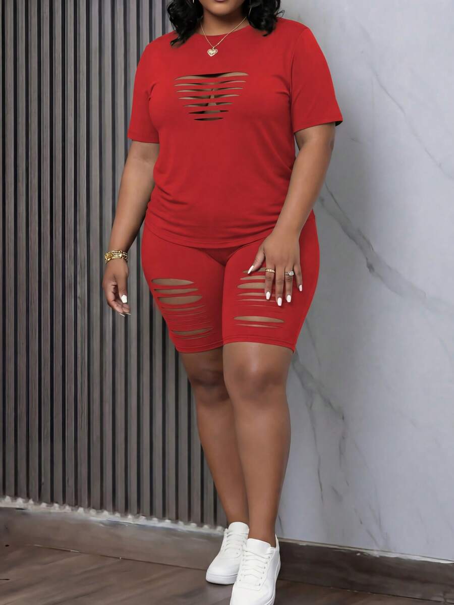 Damen Große Größen Sexy Ausschnitt T-Shirt und Shorts Set für einen eleganten Sommer - Rot - Übersicht 1
