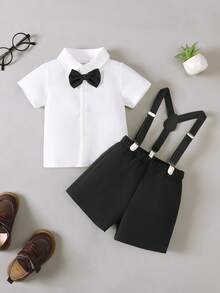 BrownBark 两件套男婴绅士风套装 - 领结装饰休闲短袖衬衫和背带短裤，适合生日派对、正式场合、婚礼、洗礼、一周岁生日庆祝、日常穿着 - 黑色 - 查看 2
