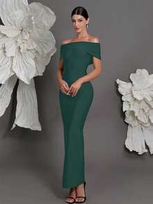 露肩绷带针织紧身连衣裙，奢华欧式风格，修身铅笔裙，适合家庭聚会、派对、宴会、婚礼等春季派对。 - 墨綠色 - 查看 6