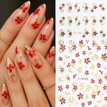 2 Packs/Retro Red Flower Nail Art Stickers, Yellow Stamens, Branches And Leaves With Golden Lines, Suitable For Nude Pink Extension Nails, Manicurist DIY Hand-Painted Nail Art Artifact, Quickly Create A Refined Artistic Sense - Multicolor - View 7