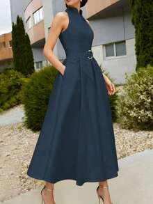 Vestido elegante de mujer con cintura anudada y línea A, nuevos estilos de primavera/verano y verano/otoño, sin mangas y escote en V, vestido para oficina/uso diario en color negro - Azul marino - Ver 2